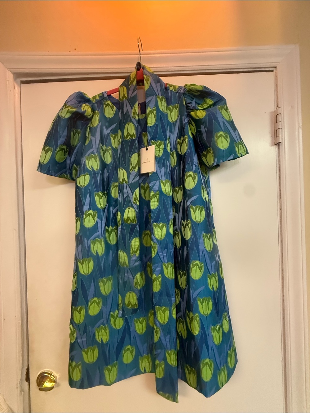 Blue & Green Floral Short-Sleeve Dress with Neck Tie